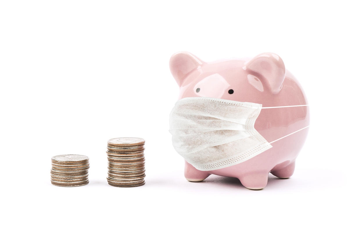 Coronavirus covid-19 pig bank house mask white background